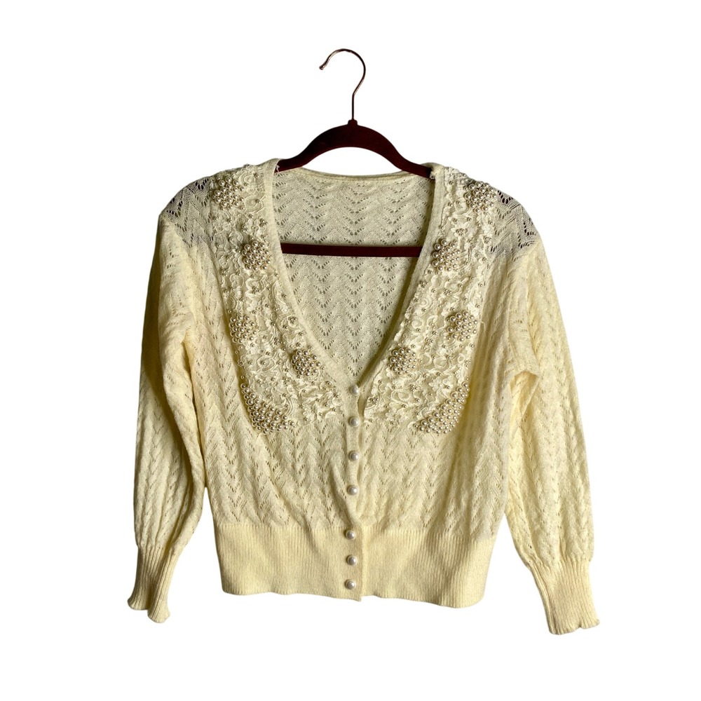 Vintage 80s Pearl Beaded Knit Cardigan Sweater Cottagecore Whimsigoth Coquette